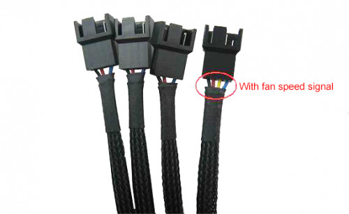 Cable can power one fan (right) plus three others (left)
